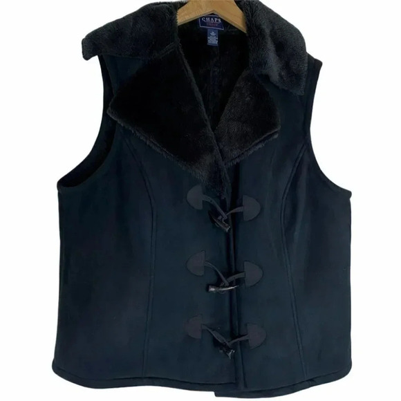 Chaps 1X‎ black faux suede & fur vest  toggle buttons - Picture 2 of 7
